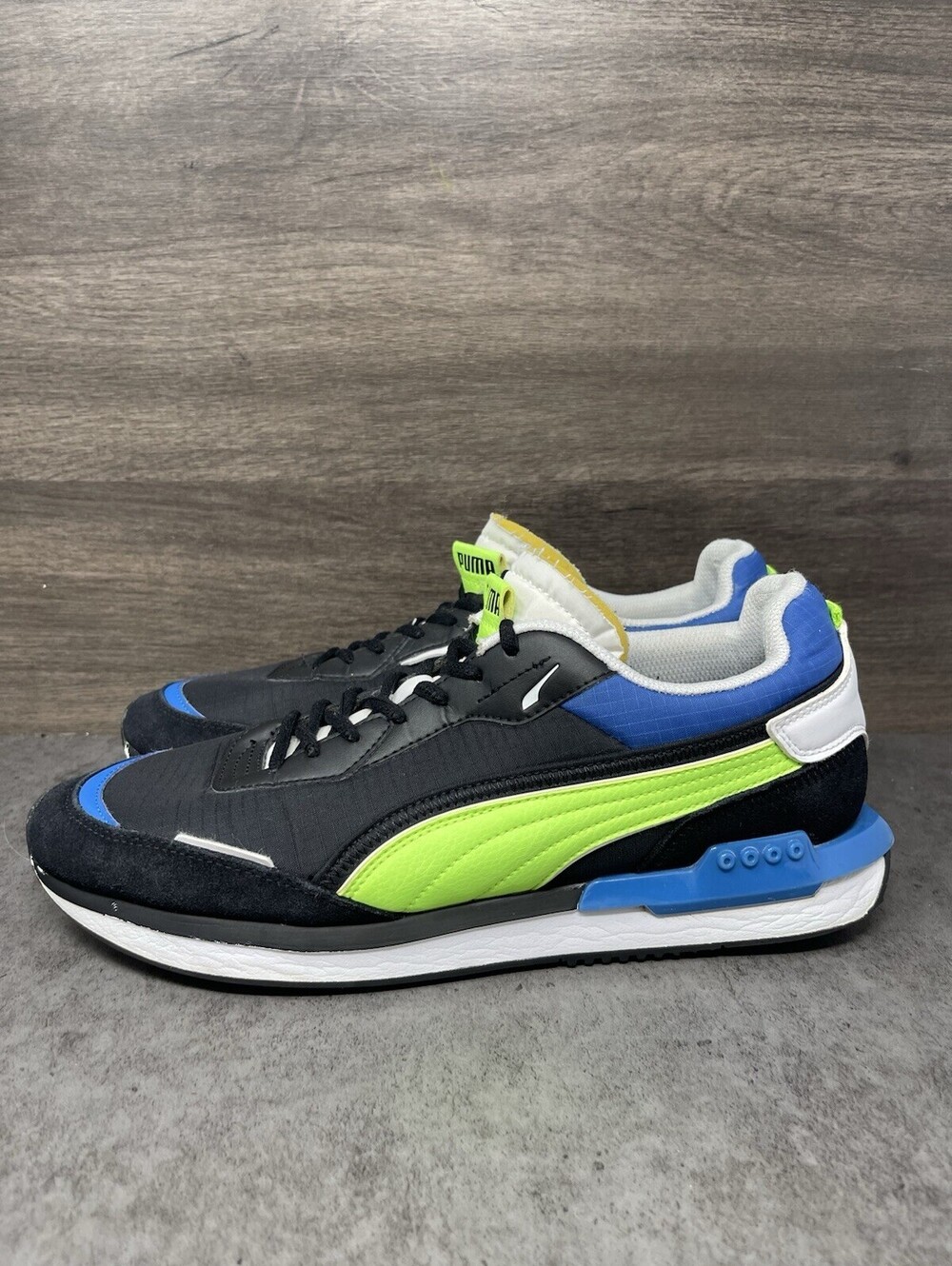 Puma Future Rider Play On Size 11 Mens Black Fluo Green Blue Retro Sneakers